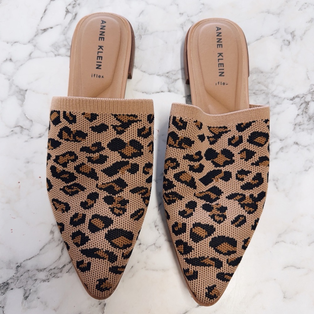 Anne Klein Tan Leopard Print Pointed Toe Mules
